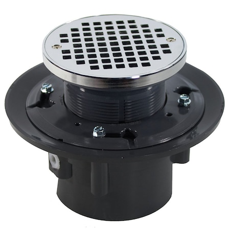Jones Stephens 2inX3in Heavy Duty PVC Drain Base, 3-1/2in Plastic Spud, 5in Chrome Plated Strainer, Ring D49035